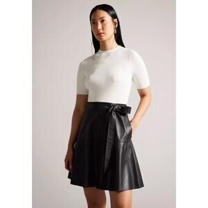 Ted Baker | Dresses | Ted Baker Womens Halleid Black Faux Leather Trim  Belted Midi Dress Imperfections | Poshmark